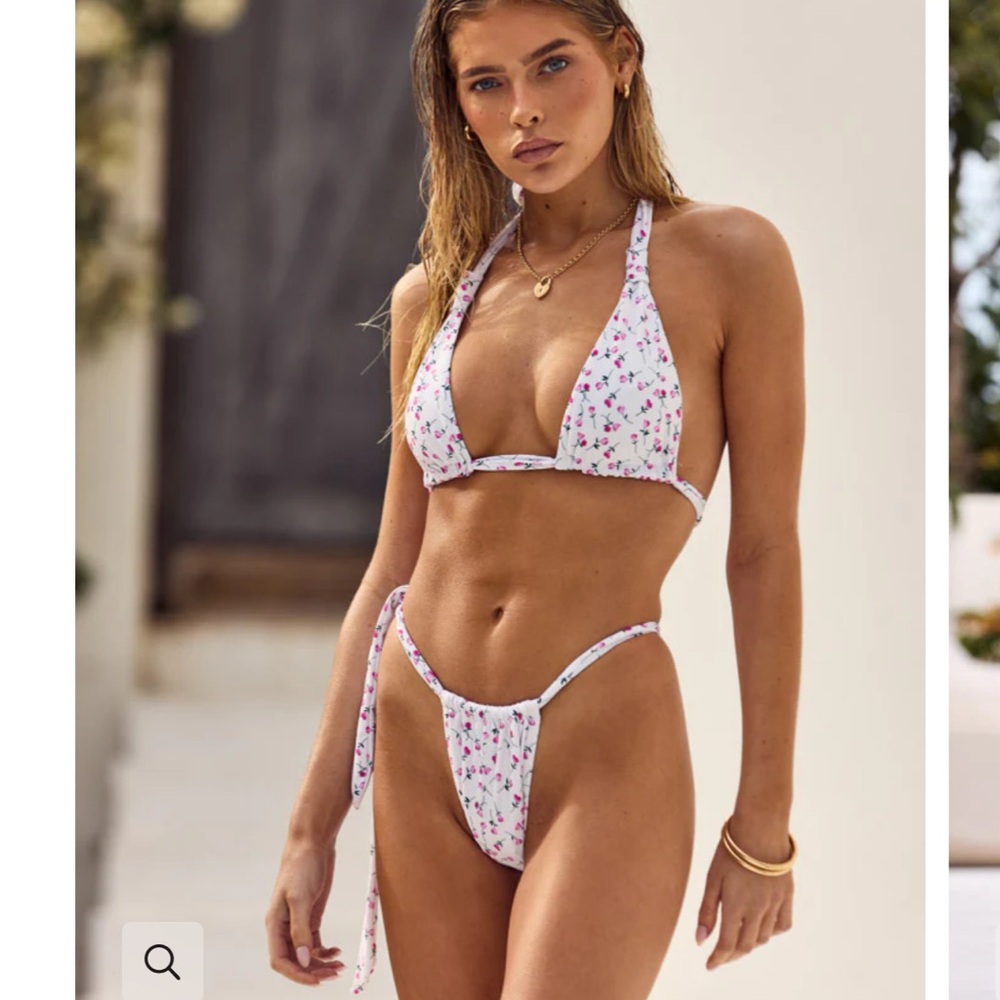 Somerfield Swim White Bikini with Pink Floral Print - Tie-Side Triangle Set